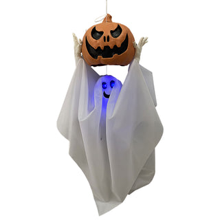 Geist Kürbiskopf Halloween animiert 32x90x15cm weiß schwarz orange PE Polyester Licht Sound Bewegung Geräuschsensor