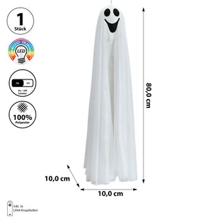 LED Geist leuchtender Kopf 10x80cm weiß PE Polyester aufhängbar batteriebetrieben Farbwechsel Halloween