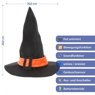 Hexenhut singend laufend animiert ABS PP Polyester onesize schwarz orange Zauberhut Halloween Sound Bewegung An-/Ausschalter Geräuschsensor
