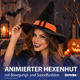 Hexenhut singend laufend animiert ABS PP Polyester onesize schwarz orange Zauberhut Halloween Sound Bewegung An-/Ausschalter Geräuschsensor