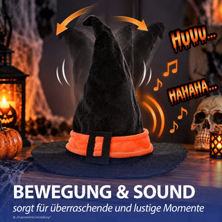 Hexenhut singend laufend animiert ABS PP Polyester onesize schwarz orange Zauberhut Halloween Sound Bewegung An-/Ausschalter Geräuschsensor