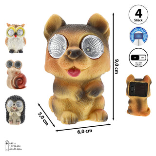 Solar Gartenfiguren 3er Set Eule Igel Schnecke 6x9x5cm Polyresin Solarpanel Akku Leuchtaugen