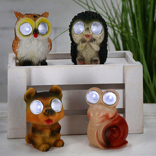 Solar Gartenfiguren 3er Set Eule Igel Schnecke 6x9x5cm Polyresin Solarpanel Akku Leuchtaugen