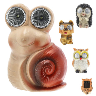 Solar Gartenfiguren 3er Set Eule Igel Schnecke 6x9x5cm Polyresin Solarpanel Akku Leuchtaugen