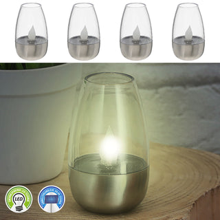 LED Solar Tischleuchte 4er Set silber 6x8x6cm Edelstahl Kunststoff Akku Flackereffekt warmweiß Solarlampe Kerzenform