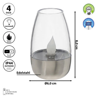 LED Solar Tischleuchte 4er Set silber 6x8x6cm Edelstahl Kunststoff Akku Flackereffekt warmweiß Solarlampe Kerzenform