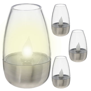 LED Solar Tischleuchte 4er Set silber 6x8x6cm Edelstahl Kunststoff Akku Flackereffekt warmweiß Solarlampe Kerzenform