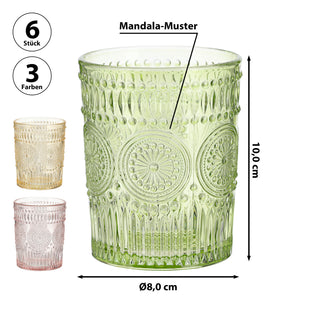 Trinkglas 6er Set 'Mandala' Ø8x10cm 300ml Glas rosa grün orange Bodensticker Wasserglas Ornamente Getränkegläser