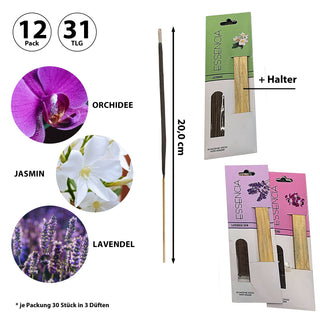 Räucherstäbchen 12er Set á 30 Stück 12x Halter L20cm Jasmin Lavendel Orchidee Duftstäbchen Duftstab Räucherstab