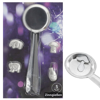 Zinngieß-Set 5tlg. Gieß-Löffel 4 Hohlfiguren 13,5x21cm Zinn silberfarben Silvesterbrauch Deutungstabelle Zinngießen