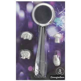 Zinngieß-Set 5tlg. Gieß-Löffel 4 Hohlfiguren 13,5x21cm Zinn silberfarben Silvesterbrauch Deutungstabelle Zinngießen