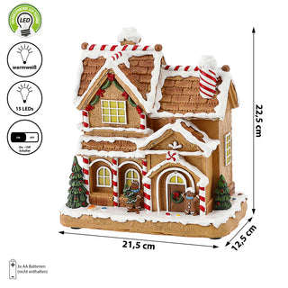 LED Winter Haus Lebkuchen 21,5x22,5cm Polyresin 15 warmweiße LEDs batteriebetrieben An-/Ausschalter Weihnachtsdekoration