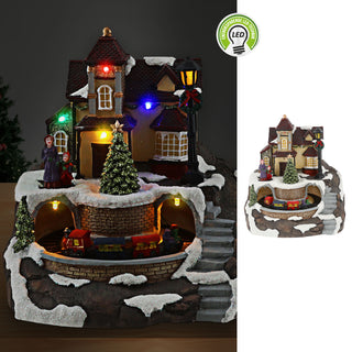 LED Winterlandschaft drehender Zug Treppe 17,5x20cm Polyresin 8 bunte LEDs batteriebetrieben An-/Ausschalter Weihnachtsdekoration