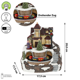 LED Winterlandschaft drehender Zug Treppe 17,5x20cm Polyresin 8 bunte LEDs batteriebetrieben An-/Ausschalter Weihnachtsdekoration