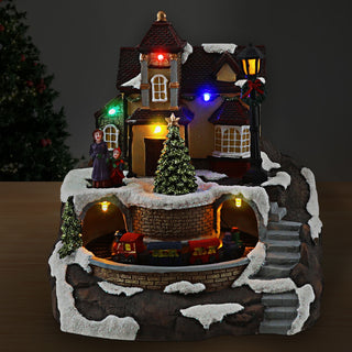 LED Winterlandschaft drehender Zug Treppe 17,5x20cm Polyresin 8 bunte LEDs batteriebetrieben An-/Ausschalter Weihnachtsdekoration