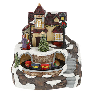 LED Winterlandschaft drehender Zug Treppe 17,5x20cm Polyresin 8 bunte LEDs batteriebetrieben An-/Ausschalter Weihnachtsdekoration