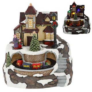 LED Winterlandschaft drehender Zug Treppe 17,5x20cm Polyresin 8 bunte LEDs batteriebetrieben An-/Ausschalter Weihnachtsdekoration