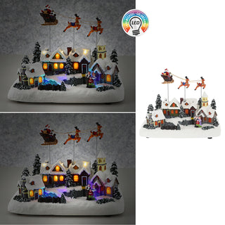 LED Winterlandschaft fliegender Santa Schlitten 29x22cm Polyresin bunte LEDs batteriebetrieben An-/Ausschalter Weihnachtsdekoration