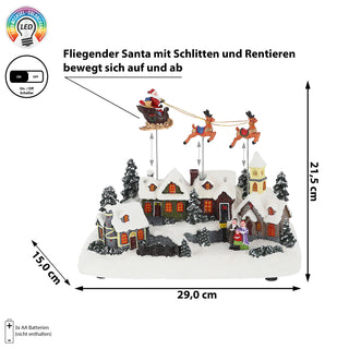 LED Winterlandschaft fliegender Santa Schlitten 29x22cm Polyresin bunte LEDs batteriebetrieben An-/Ausschalter Weihnachtsdekoration