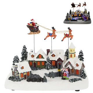 LED Winterlandschaft fliegender Santa Schlitten 29x22cm Polyresin bunte LEDs batteriebetrieben An-/Ausschalter Weihnachtsdekoration