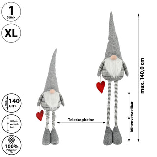 XL Wichtel 'Udo' mit Teleskopbeinen ca. 140cm Polyester Eisen 30x80cm grau Weihnachtswichtel Adventsdeko Weihnachtsdeko Plüschfigur Wichtelmann