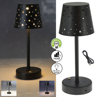 LED Tischleuchte Sterne gestanzt schwarz stufenlos dimmbar 3 Weißtöne 10x28cm USB-C zu USB Ladefunktion Touchfunktion