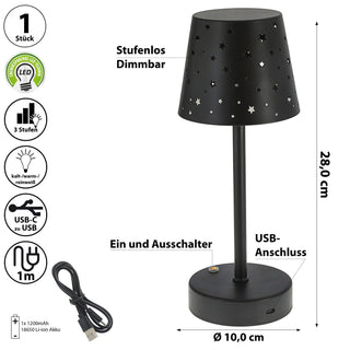 LED Tischleuchte Sterne gestanzt schwarz stufenlos dimmbar 3 Weißtöne 10x28cm USB-C zu USB Ladefunktion Touchfunktion