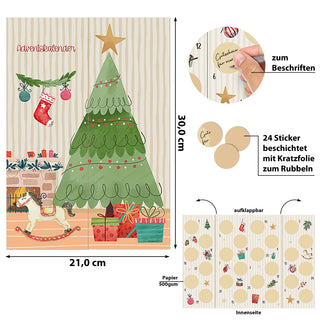 Rubbel Adventskalender zum Aufklappen 21x30x0,5cm Papier Kratzfolie Sticker 1-24 Weihnachten Adventszeit Kalender