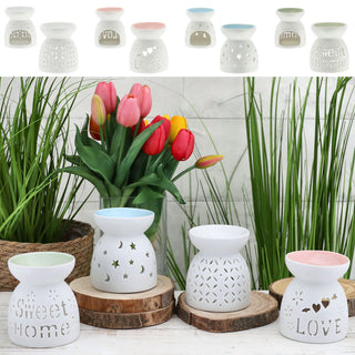 Duftlampe 4er Set Keramik 9x9,5cm Ausstanzung Schrift Muster weiß blau rosa grün Aromalampe Raumduft Teelicht