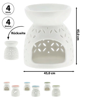 Duftlampe 4er Set Keramik 9x9,5cm Ausstanzung Schrift Muster weiß blau rosa grün Aromalampe Raumduft Teelicht