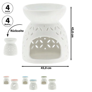 Duftlampe 4er Set Keramik 9x9,5cm Ausstanzung Schrift Muster weiß blau rosa grün Aromalampe Raumduft Teelicht
