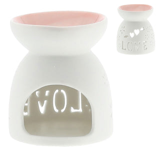Duftlampe 4er Set Keramik 9x9,5cm Ausstanzung Schrift Muster weiß blau rosa grün Aromalampe Raumduft Teelicht