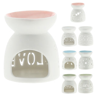 Duftlampe 4er Set Keramik 9x9,5cm Ausstanzung Schrift Muster weiß blau rosa grün Aromalampe Raumduft Teelicht