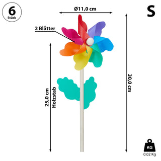 Windrad 6er Set Ø11cm H30cm Holzstab Kunststoff bunt Windmühle Windspiel Gartendekoration
