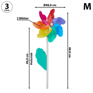Windrad 3er Set Ø18cm H48cm Holzstab Kunststoff bunt Windmühle Windspiel Gartendekoration