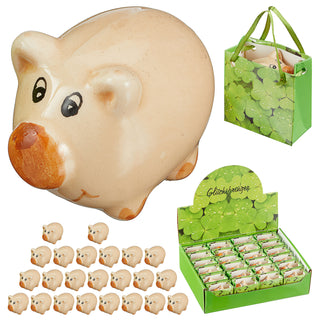 Glücksschwein Display 24 Stück 5,5x3cm Polyresin Karton Glücksbringer Wunscherfüller Wegbegleiter Geschenktüte Schwein