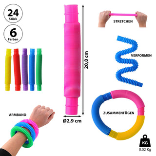 Stretch Pop Tube 24 Stück Display 6fach sortiert 20cm Kunststoff Stretchschläuche Sensorikspielzeit