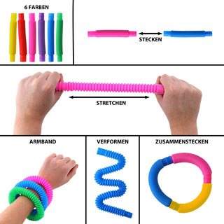 Stretch Pop Tube 24 Stück Display 6fach sortiert 20cm Kunststoff Stretchschläuche Sensorikspielzeit