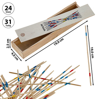 Mikado 24 Stück Display H19cm 31teilig Holzkiste 19x4x2cm Reisespiel Familienspiel Geschicklichkeitsspiel