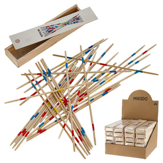 Mikado 24 Stück Display H19cm 31teilig Holzkiste 19x4x2cm Reisespiel Familienspiel Geschicklichkeitsspiel