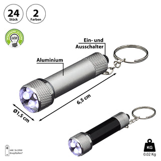 Taschenlampe Schlüsselanhänger 24 Stück Display silber schwarz 1,5x6,5x1,5cm Aluminium 3 LEDs batteriebetrieben Lampe