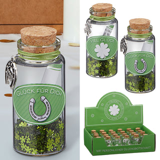 Glasröhrchen 'Hochzeit' 24 Stück Display 3x7cm Glas Kork Glücksbringer Reagenzglas mit Salz Papierrollen