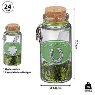 Glasröhrchen 'Hochzeit' 24 Stück Display 3x7cm Glas Kork Glücksbringer Reagenzglas mit Salz Papierrollen