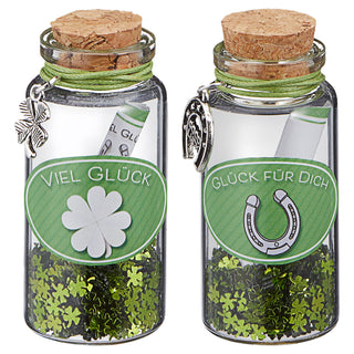 Glasröhrchen 'Hochzeit' 24 Stück Display 3x7cm Glas Kork Glücksbringer Reagenzglas mit Salz Papierrollen