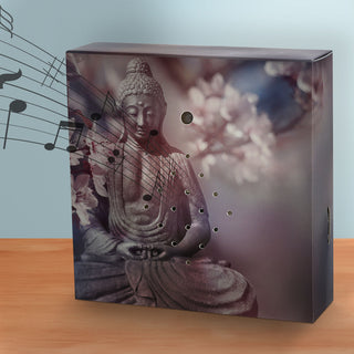 1/4x Soundbox Bewegungsmelder 4 Motive 12x12x3,5cm Pappe Kunststoff batteriebetrieben Meditationssound Lautstärke regulierbar
