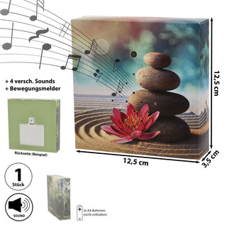 1/4x Soundbox Bewegungsmelder 4 Motive 12x12x3,5cm Pappe Kunststoff batteriebetrieben Meditationssound Lautstärke regulierbar