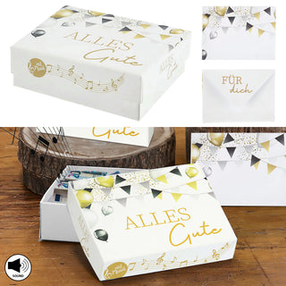 Geschenkbox mit Musik versch. Motive 9,5x7x3,5cm weiß bunt Karton Schachtel Stülpdeckel Briefumschlag Musik-Geschenkbox