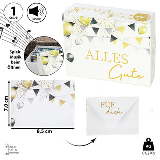 Geschenkbox mit Musik versch. Motive 9,5x7x3,5cm weiß bunt Karton Schachtel Stülpdeckel Briefumschlag Musik-Geschenkbox