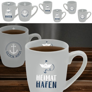 Becher 'Maritim' 6er Set 350 ml Steinzeug 12,5x9,5x8cm hellgrau Aufdruck Glück Ahoi Heimathafen Henkeltasse Kaffeebecher