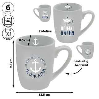 Becher 'Maritim' 6er Set 350 ml Steinzeug 12,5x9,5x8cm hellgrau Aufdruck Glück Ahoi Heimathafen Henkeltasse Kaffeebecher